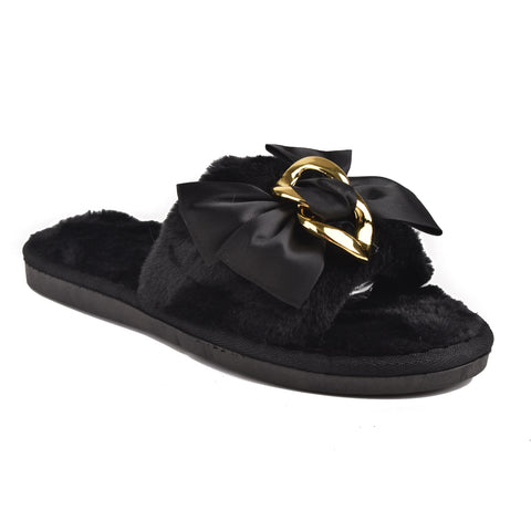Women Black Fur Slides KD70
