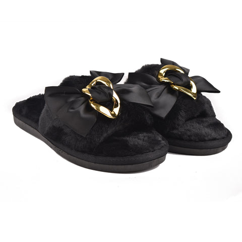 Women Black Fur Slides KD70