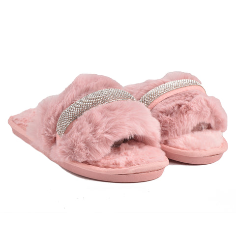 women Pink Fur Slides KD224