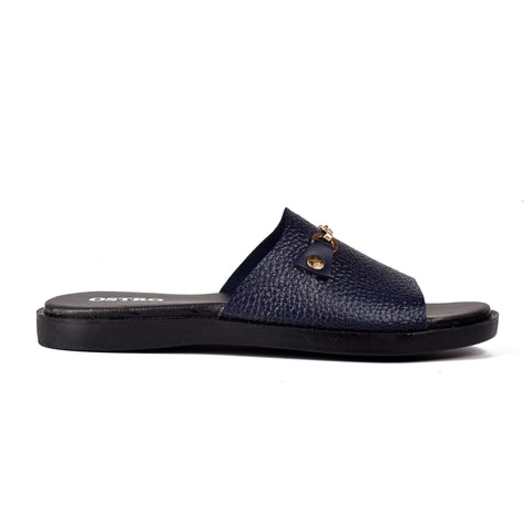Boys Navy Leather Slippers KD134