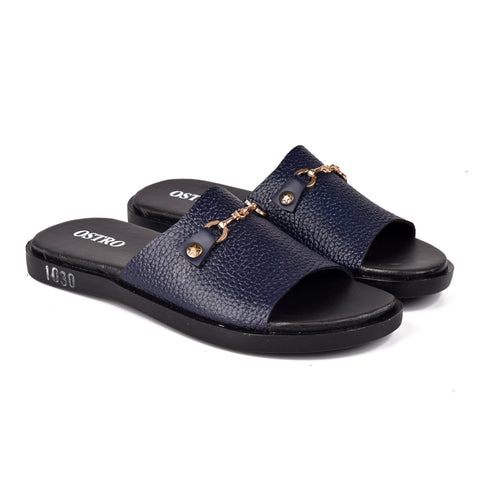 Boys Navy Leather Slippers KD134