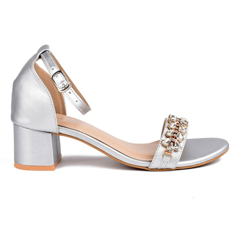 Silver Fancy Block Heel Sandals WN5069