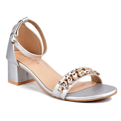 Silver Fancy Block Heel Sandals WN5069