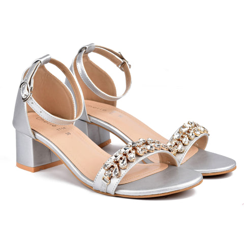 Silver Fancy Block Heel Sandals WN5069