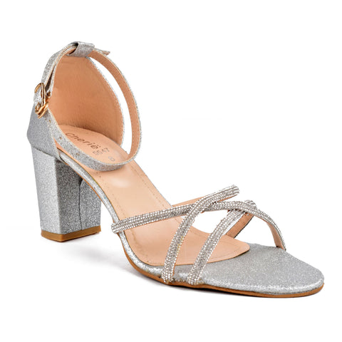Silver Fancy Block Heel Sandals WN5066